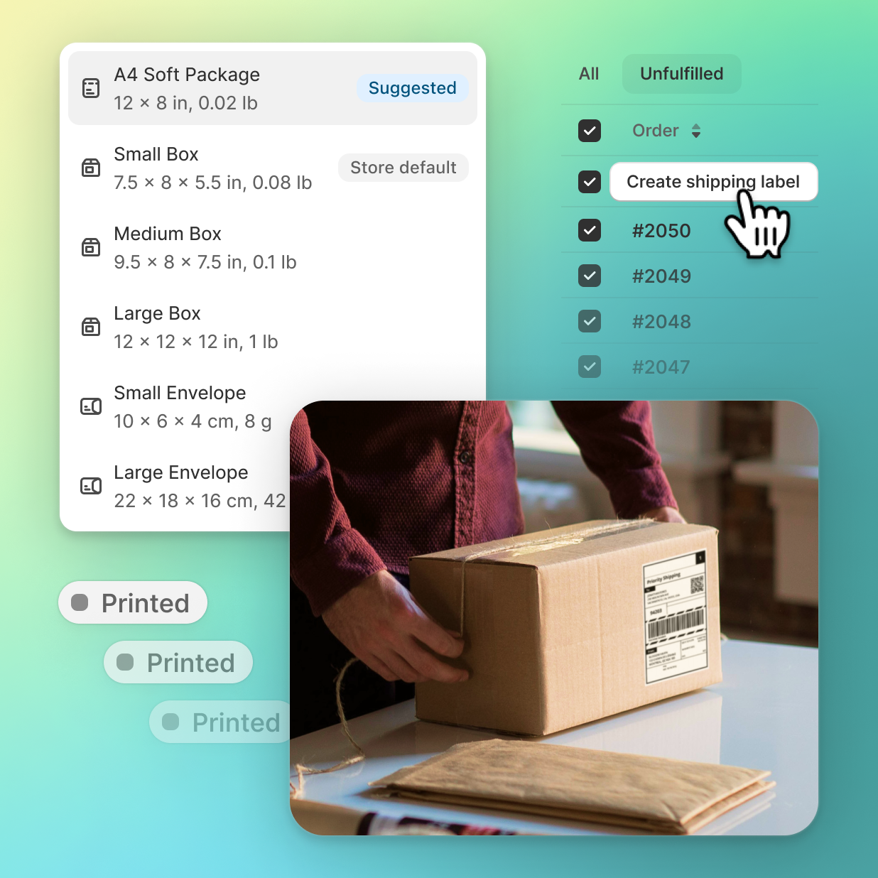 Collage of Shopify shipping page with a list of box sizes, carrier options and an arrow pointing to create shipping label