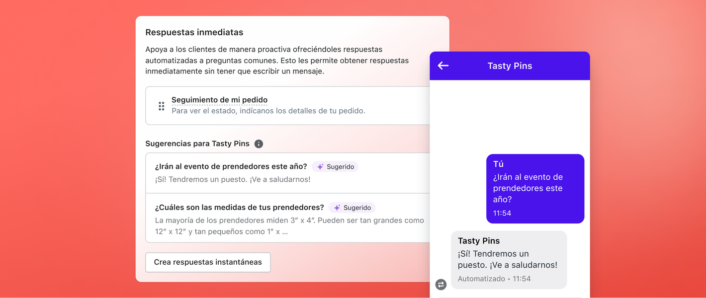 Interfaz de respuestas instantáneas mostrando sugerencias a preguntas y respuestas a dudas comunes. Una ventana de chat a la derecha muestra una vista previa de una de las sugerencias.