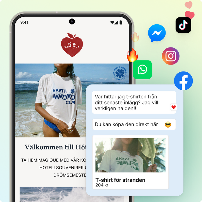 Mobiltelefon som visar en butik som säljer t-shirts. En chattdialog ligger över bilden med en konversation mellan en köpare och en medarbetare. En mängd ikoner för sociala medier flyter omkring i övre högra hörnet.