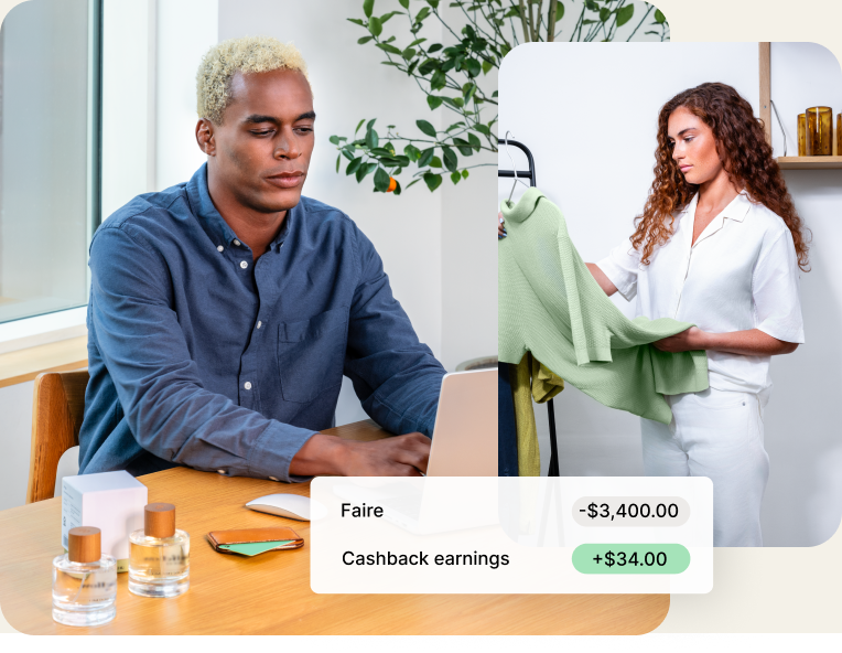 A Black male merchant works on his laptop, putting in an order for more inventory; A red-headed Caucasian woman inspects products before stocking them in-store