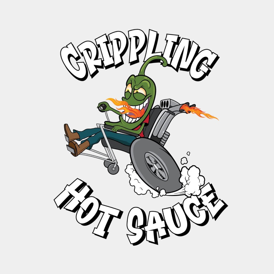 Das Logo von Crippling Hot Sauce, das eine Peperoni zeigt, die auf einem flitzenden grauen Rollstuhl mit Feuerauspuff fährt.