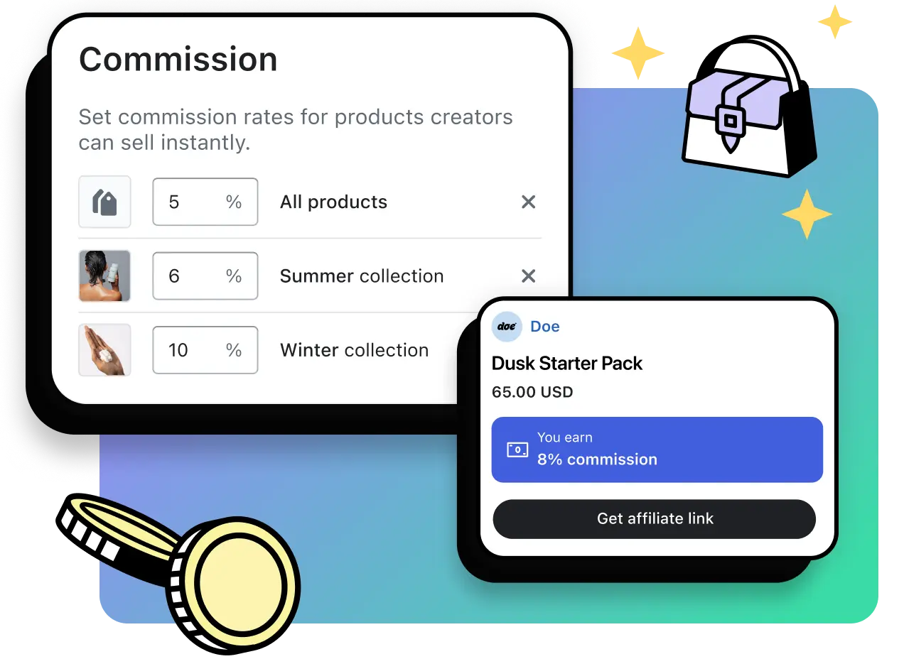 A user interface with two cards. One card shows commission rates with adjustable percentages next to product collections, including an option to set a commission rate for all products. Another card shows data about a commission product, including its selling price, the percentage of commission earned and a button to get an affiliate link.