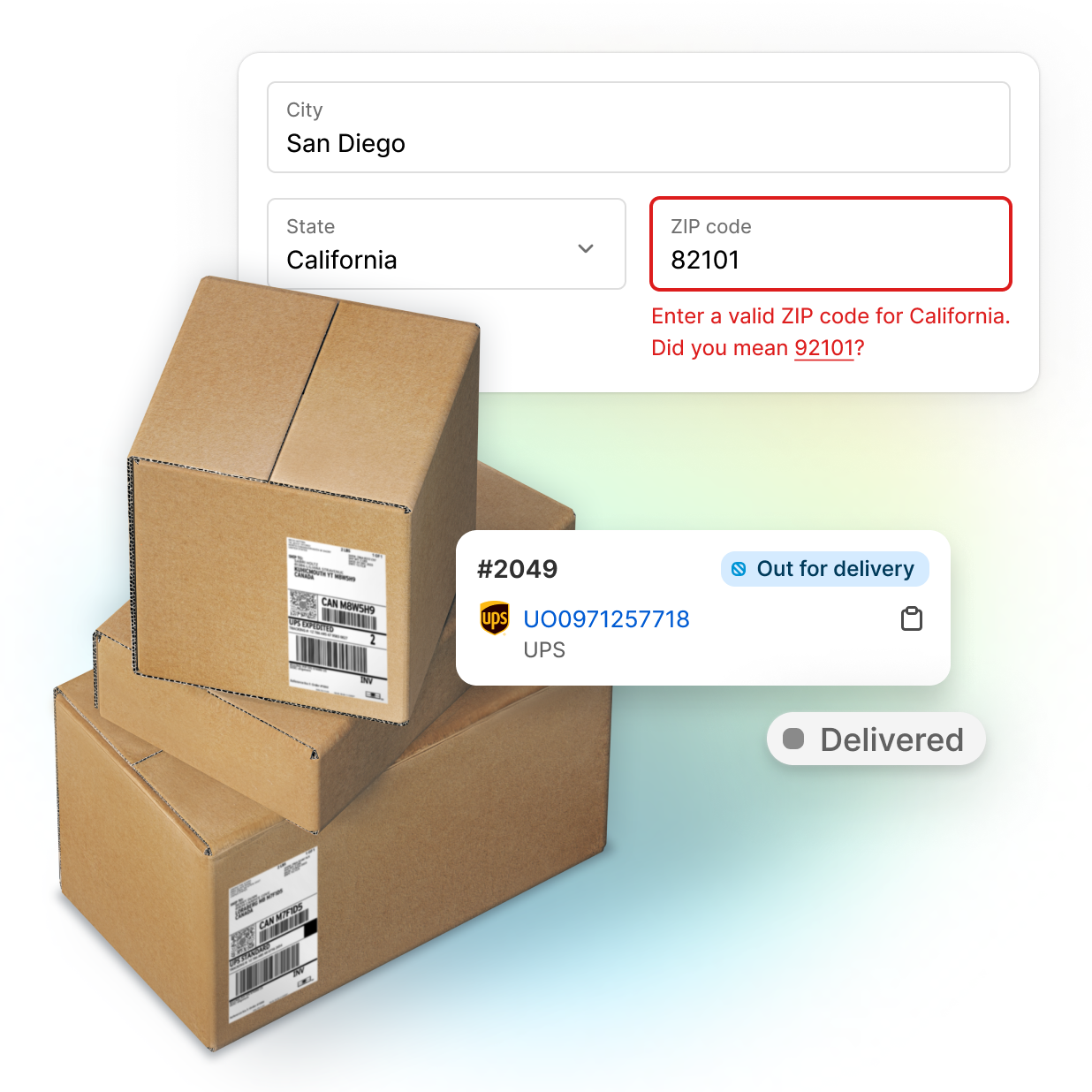 Three boxes stacked vertically, with two boxes displaying shipping labels