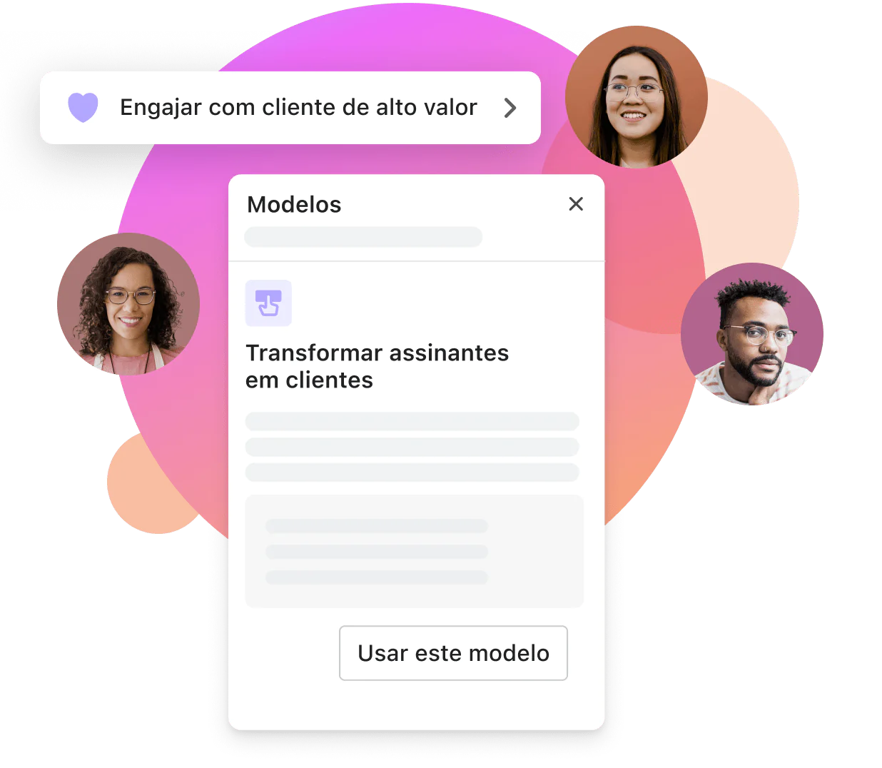 O editor da seção de segmentos de clientes no admin da Shopify apresenta modelos de diferentes segmentos como engajamento de clientes de alto nível e conversão de assinantes em clientes de primeira compra. Diferentes rostos aparecem em círculos em todo o ambiente do editor, demonstrando a variedade de pessoas que cada segmento representa.