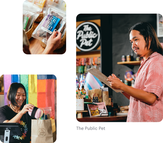 Jordan Lee, Owner of The Public Pet, and his Asian female colleague taking inventory and checking customers out inside their retail location in Honolulu, HI