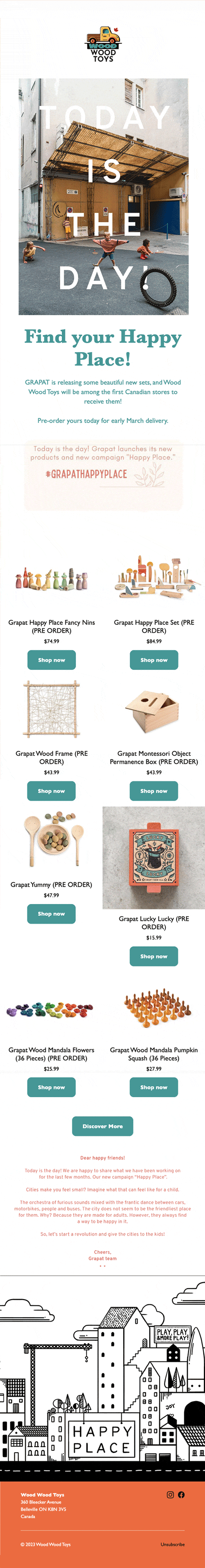 An email featuring new arrivals of beautiful wooden toy products to Wood Wood Toys' online store.
