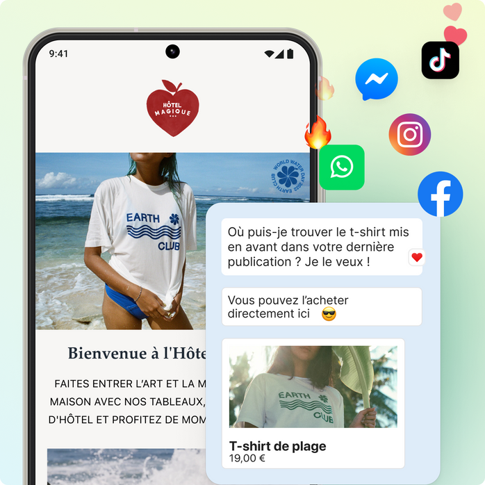 Un téléphone mobile montrant une boutique qui vend des t-shirts. Une fenêtre de chat est superposée dessus, et affiche une conversation entre un acheteur et un employé. Il y a plusieurs icônes de réseaux sociaux et des émojis qui flottent dans le coin supérieur droit.