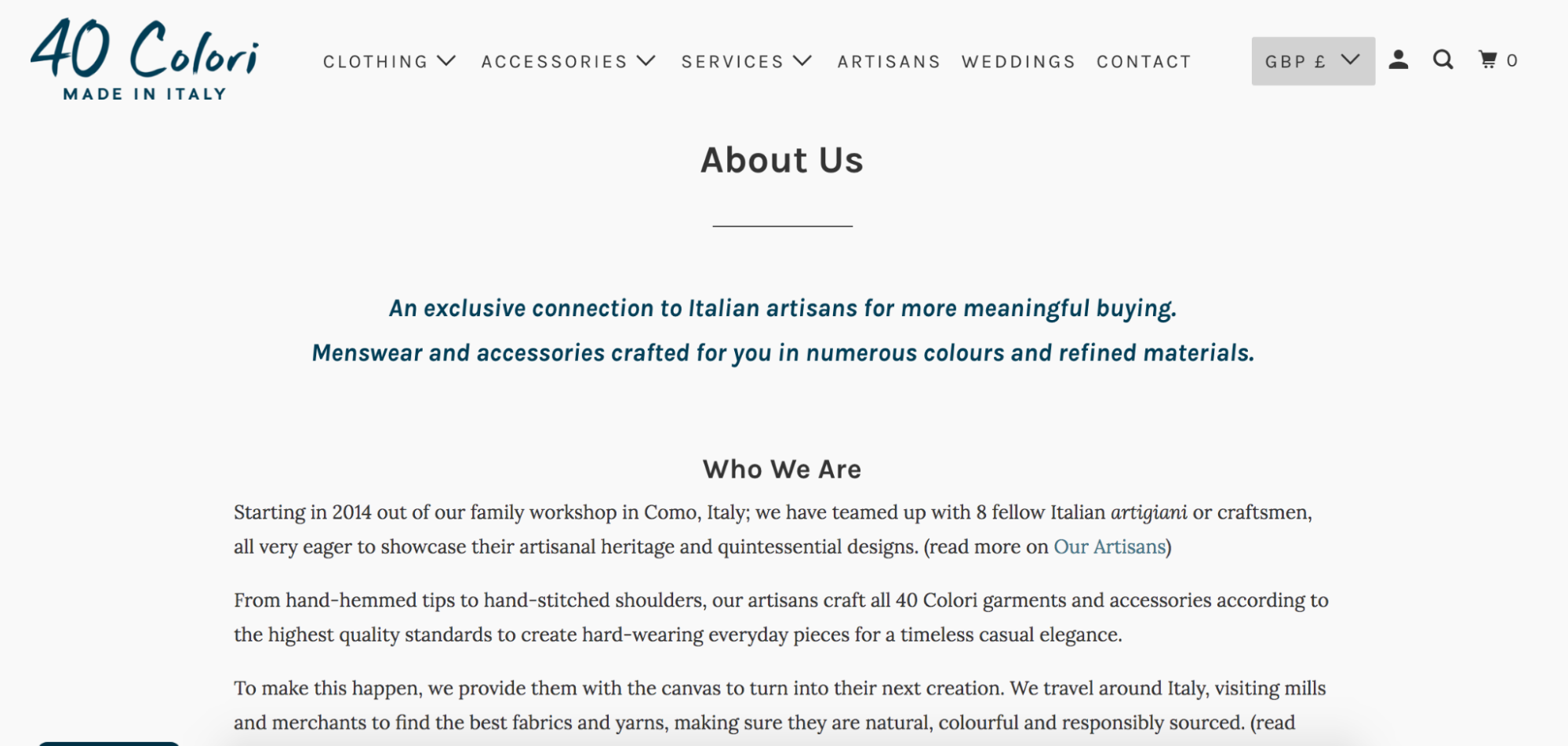 Screenshot of 40 Colori About Us page showing clean black text on a white background