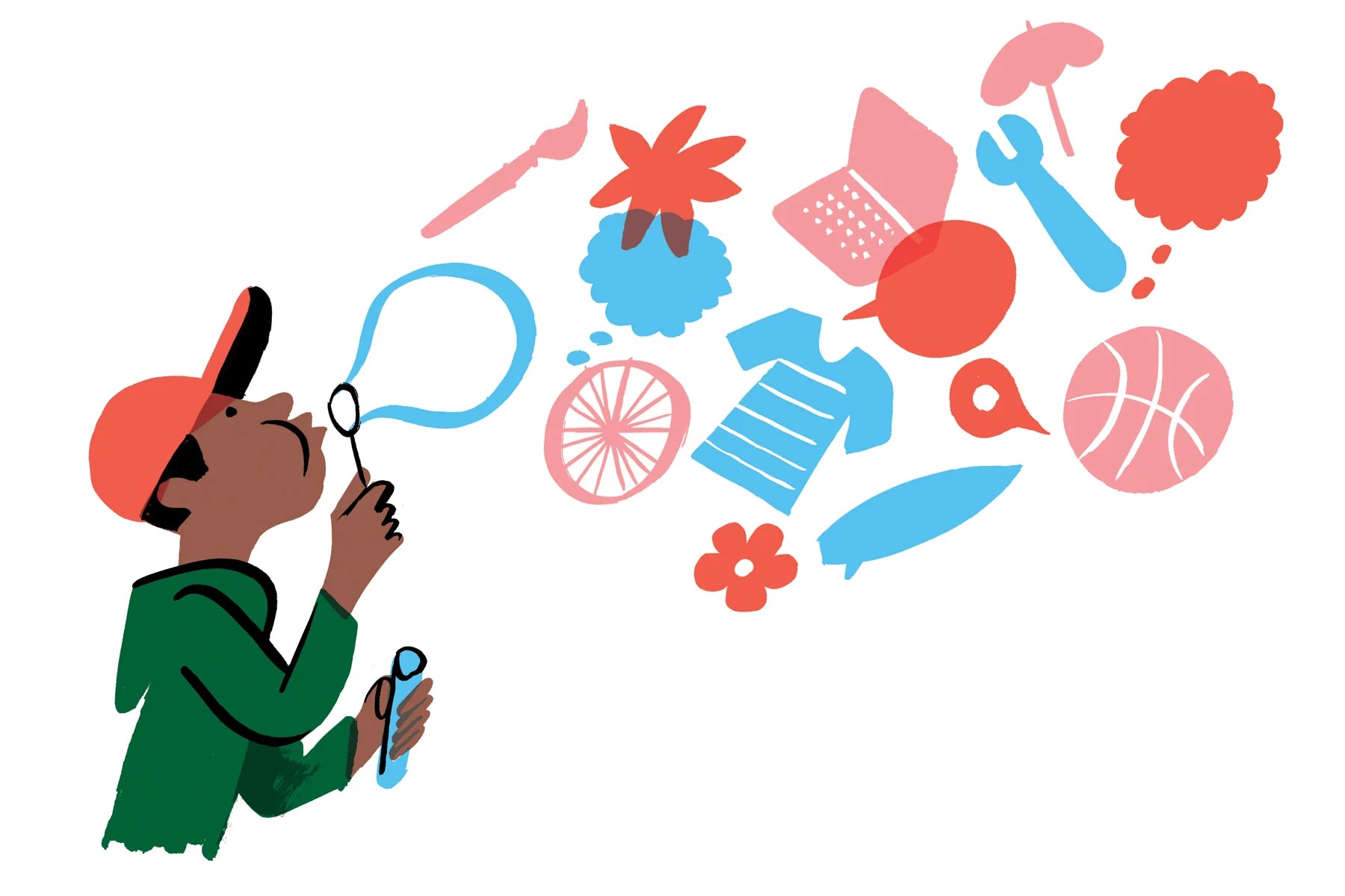 Illustration of a kid blowing bubbles that are shaped like objects and icons