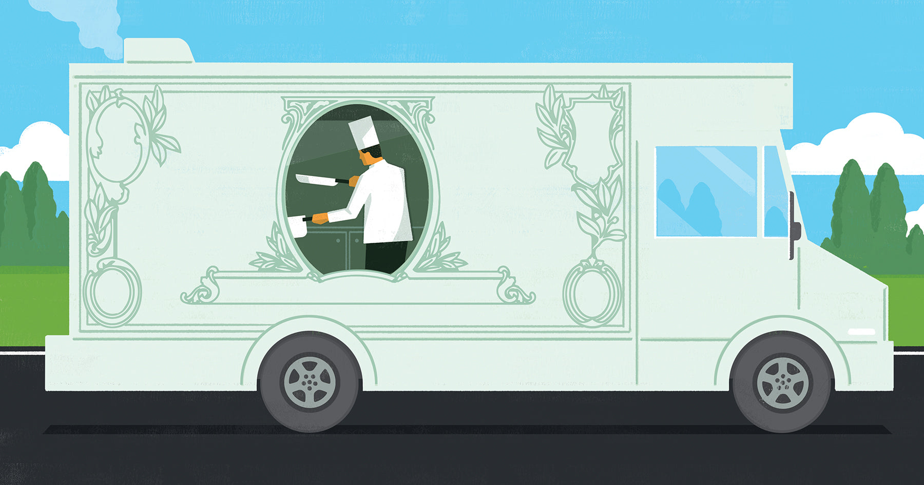image of guy cooking in a money themed food truck