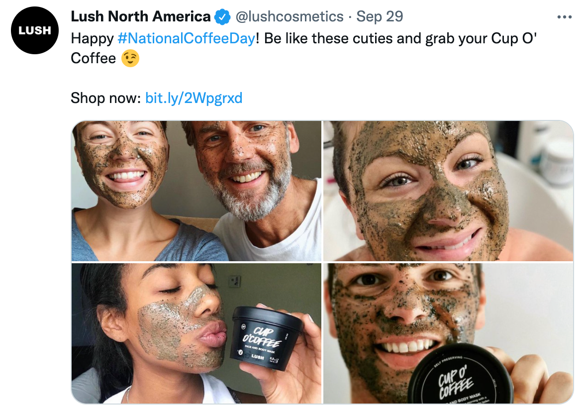 Lush Instagram post tagged with #nationalcoffeeday, showing four people wearing the coffee mask