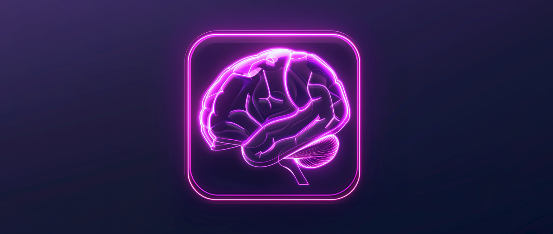 An illuminated purple neon brain on a dark background.