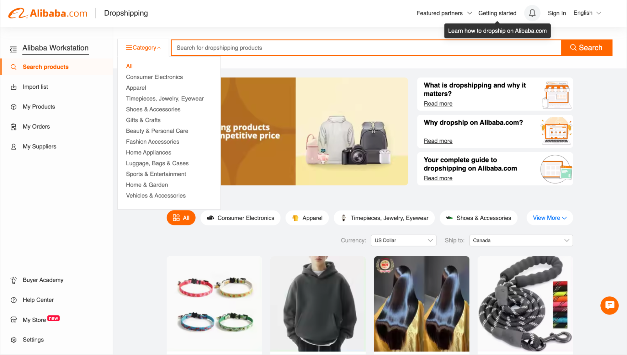 The Alibaba dropshipping portal shows a search bar that’s filterable by product category