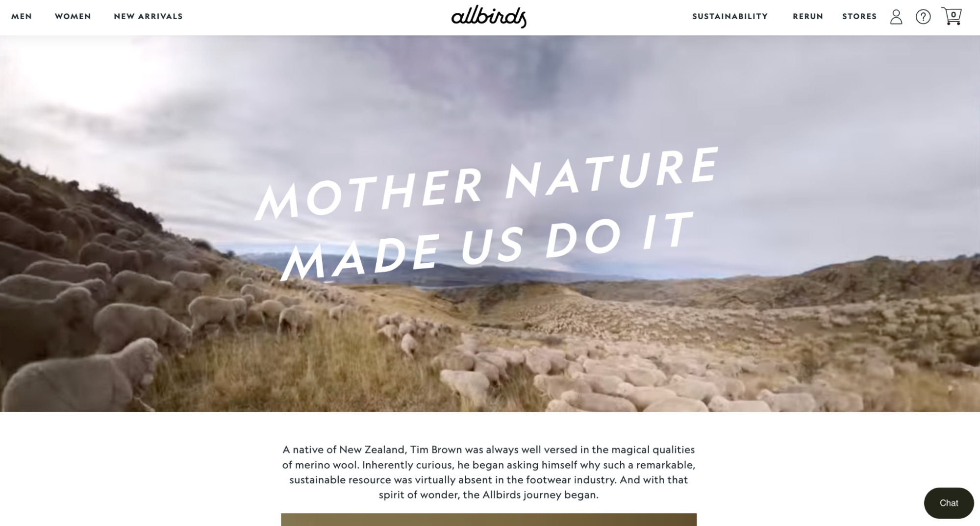 Screenshot of Allbirds About Us page featuring a hill filled with sheep