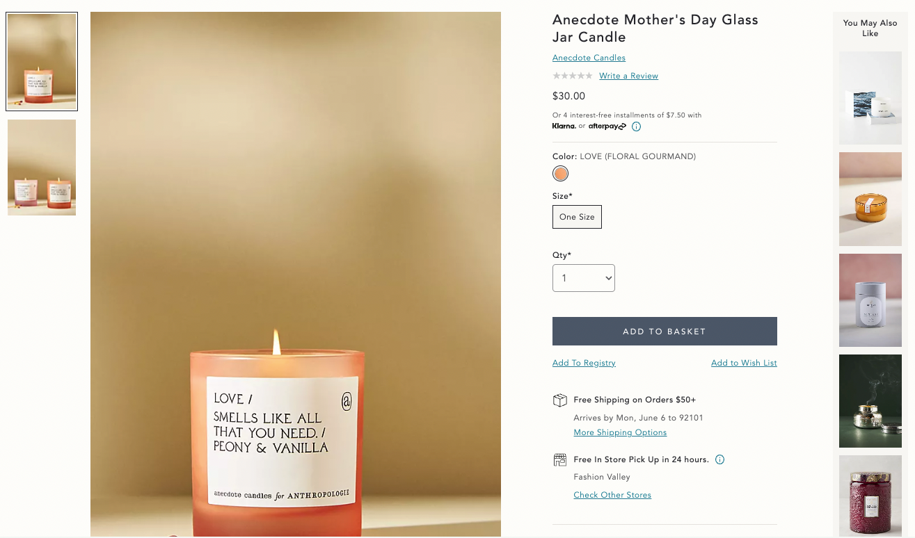 Screenshot of a peony and vanilla candle from Anthropologie that shows orders over $50 get free shipping 