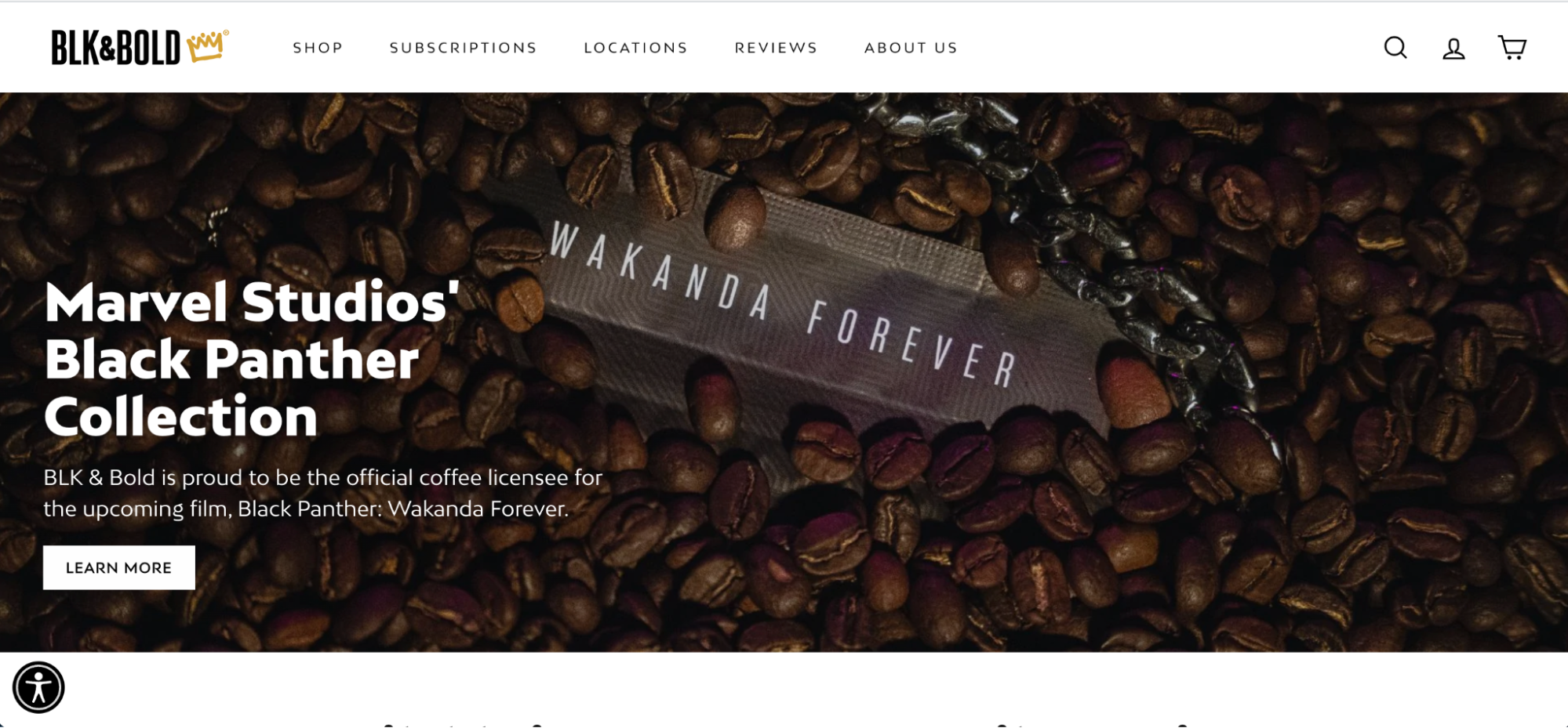 BLK & Bold coffee ecommerce website, featuring a hero image of their Marvel Studios’ coffee beans