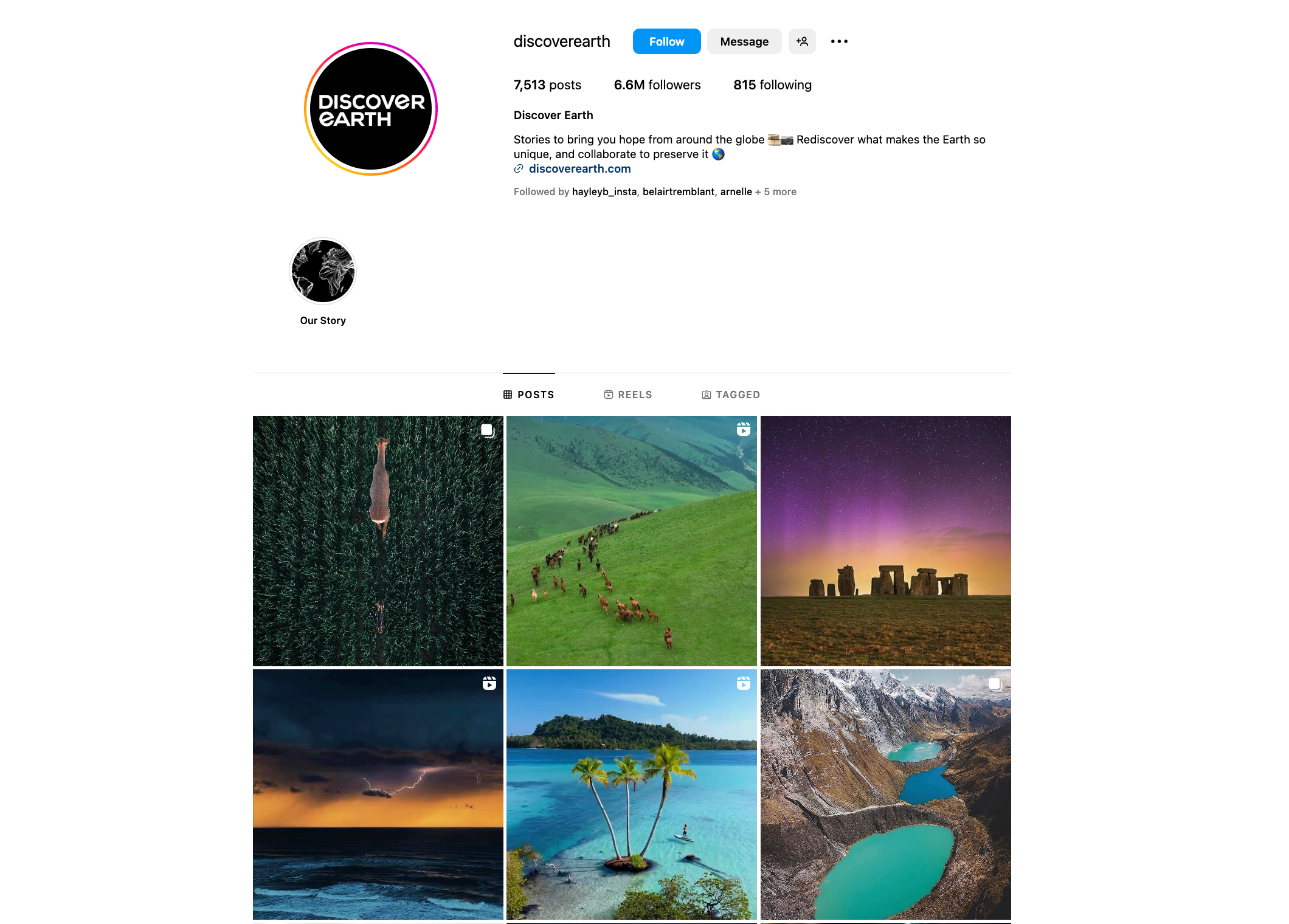 Instagram bio page for Discover Earth featuring other brand's photos, exposing them to new followers