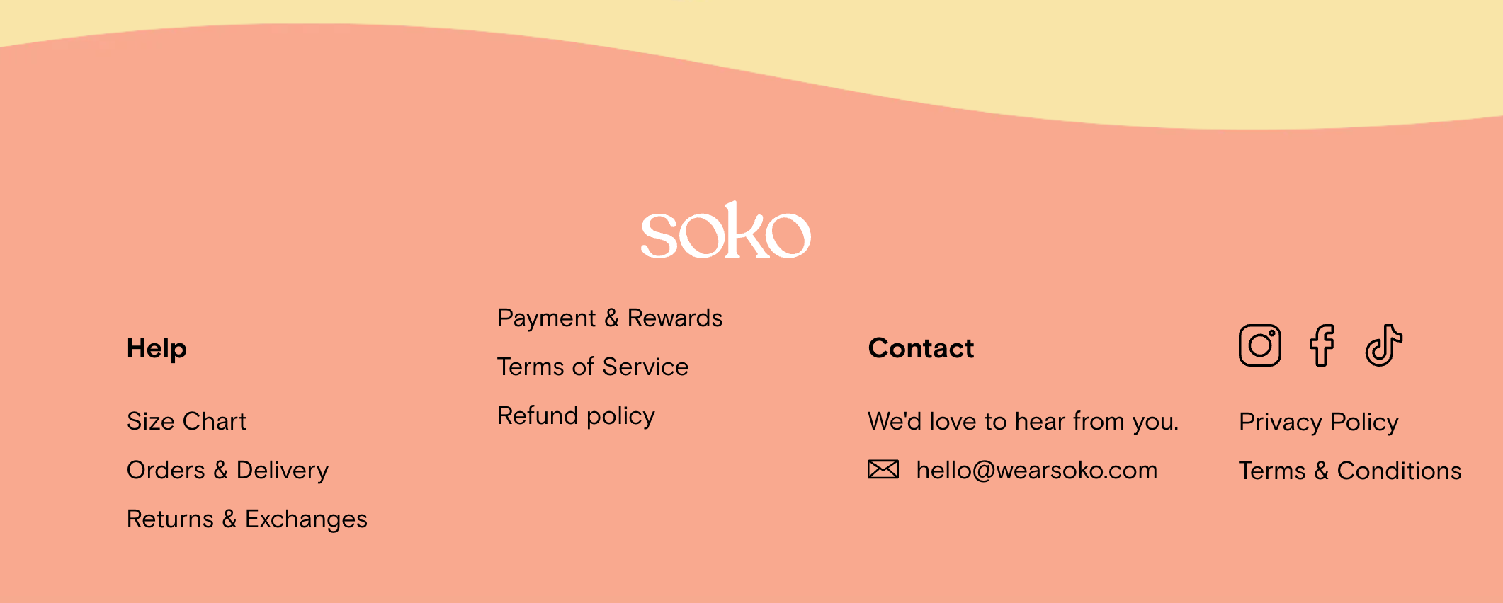 Ecommerce contact info in the footer of the website for Soko brand