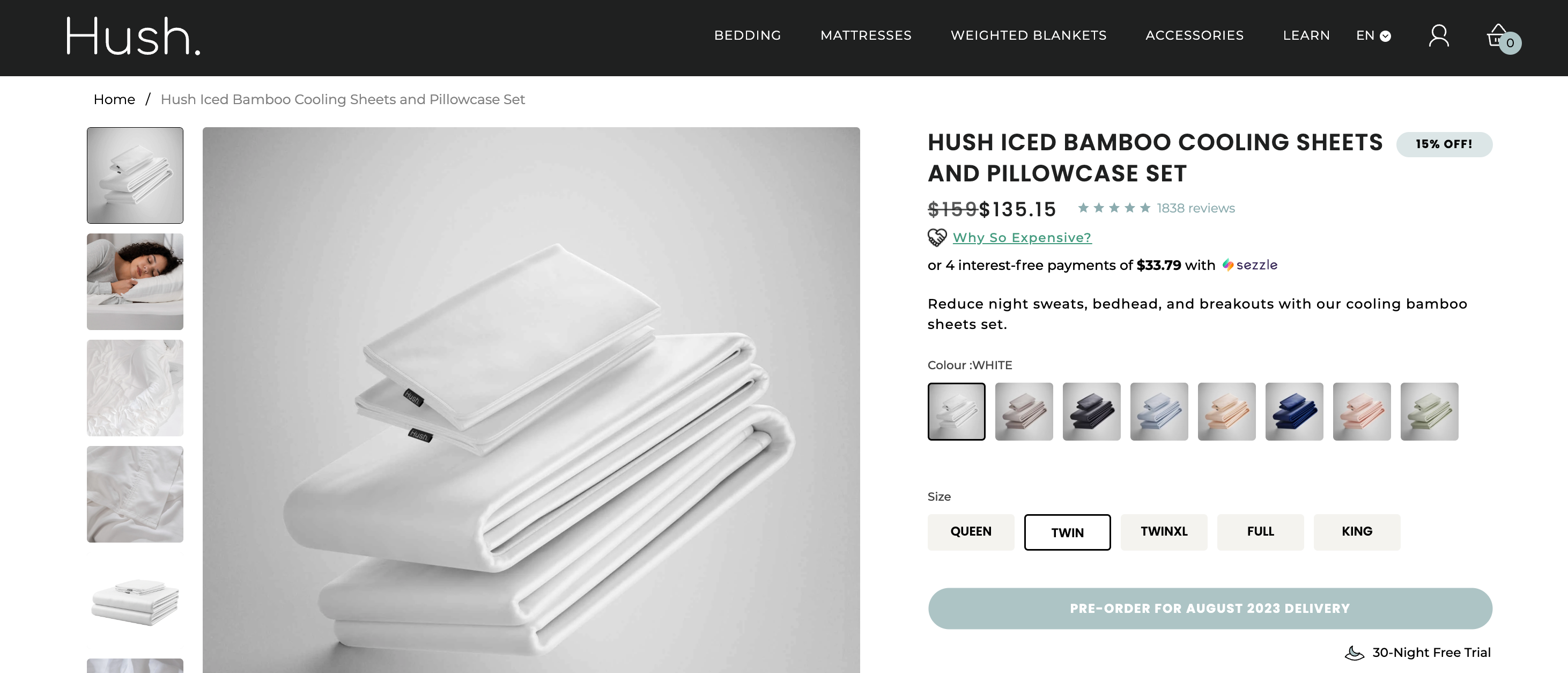 Ecommerce product page for online bedding business Hush