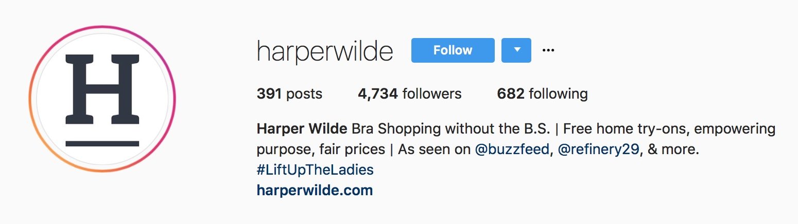 Harperwilde's Instagram bio includes a hashtag.