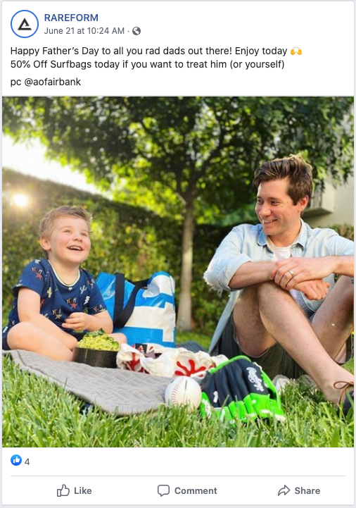 Example of the brand Rareform’s Facebook post to drive traffic to their products during a Father’s day promotion