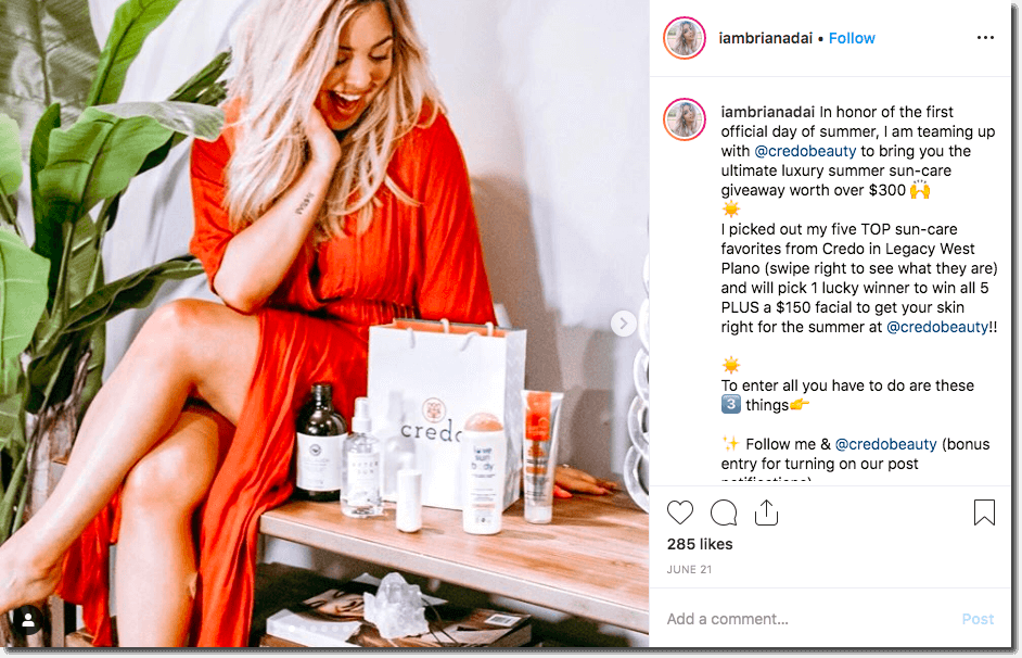 Credo Beauty teams up with Briana Dai to promote their sun-care giveaway on Instagram.