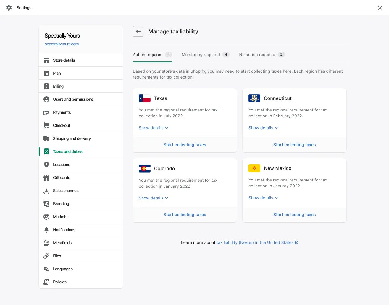 A gray Shopify settings menu showing four boxes with state flags and sales tax requirements inside