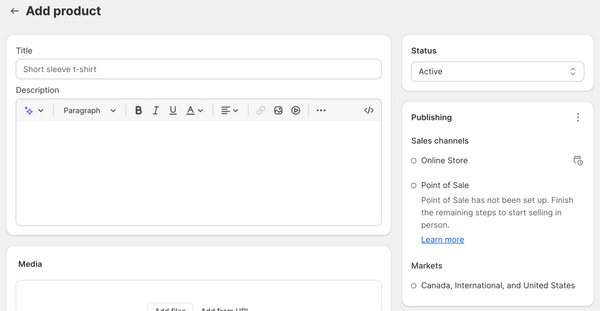 Shopify’s Add Product screen with text boxes for product descriptions and images.