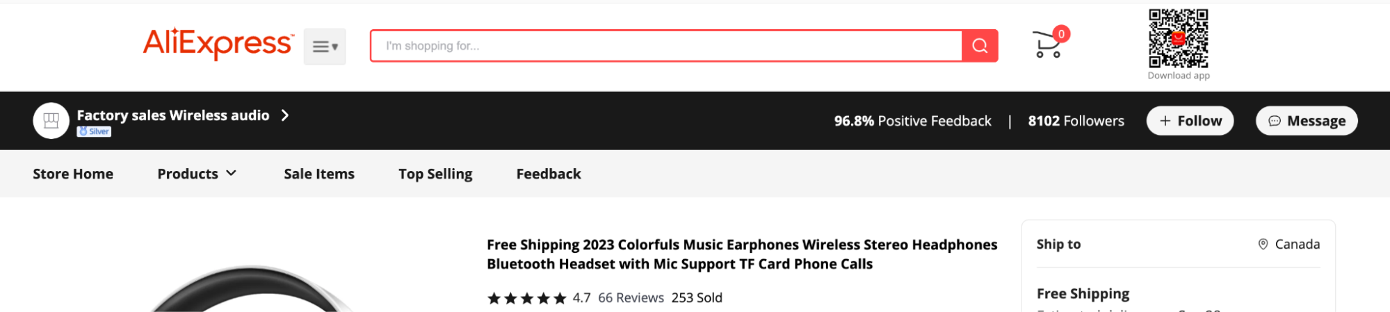 AliExpress search bar above a black banner that contains a seller feedback rating