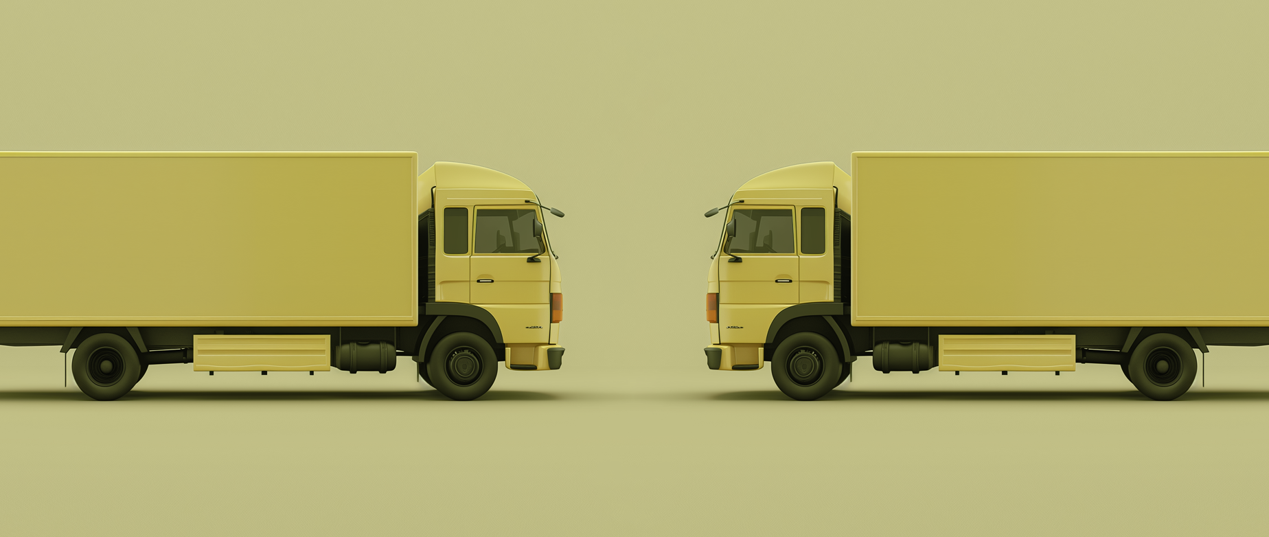 An animated image of two yellow tractor-trailers facing eachother