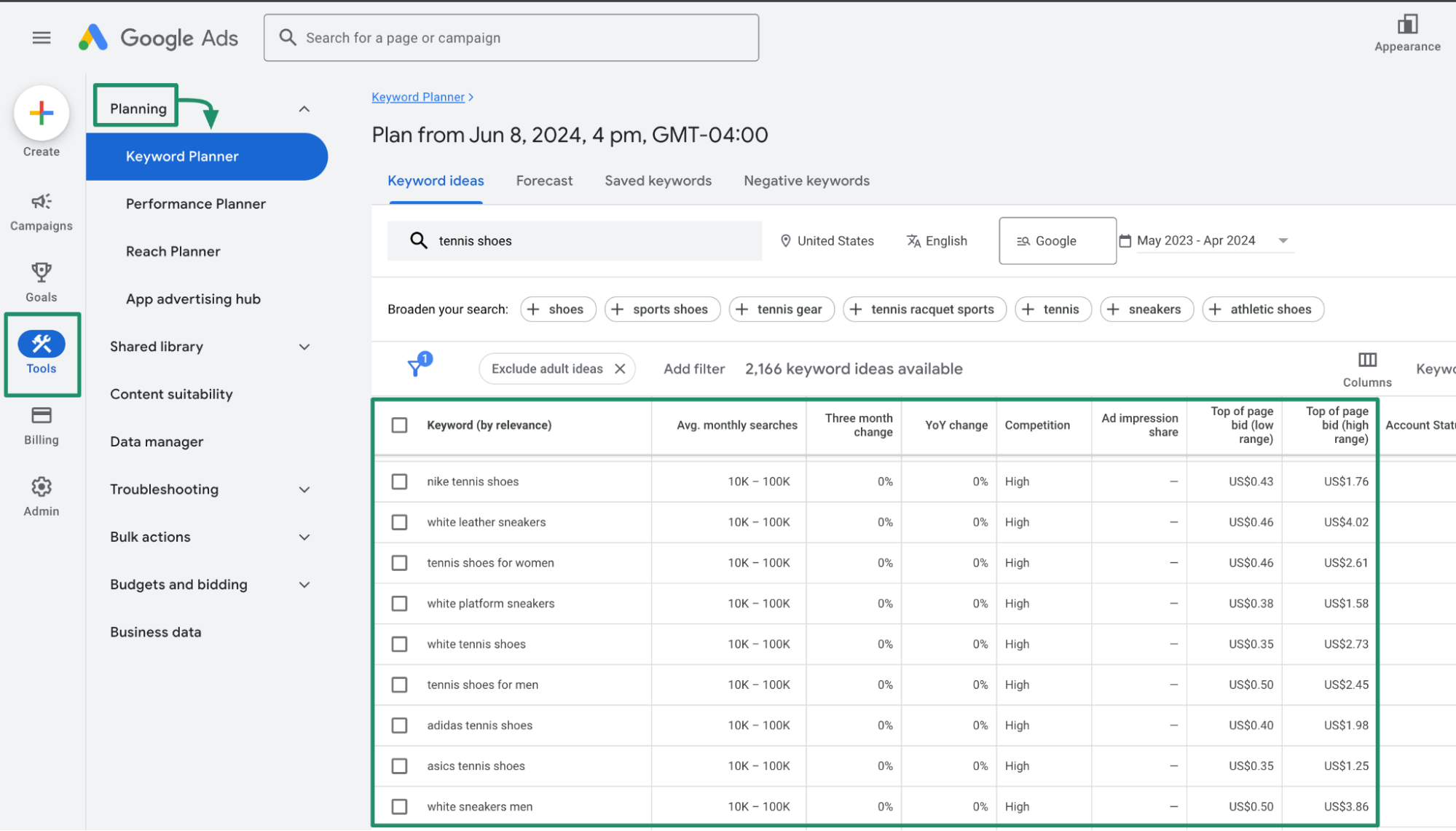 Keyword ideas in Google Ads Keyword Planner