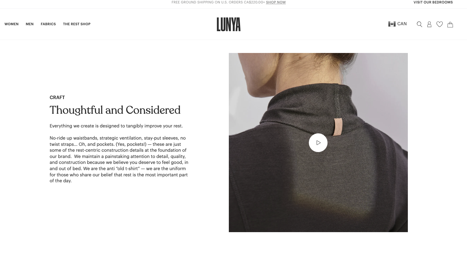 Lunya’s About Us page features a video that shows a video of models wearing their clothes including the details of the fabric and garment construction