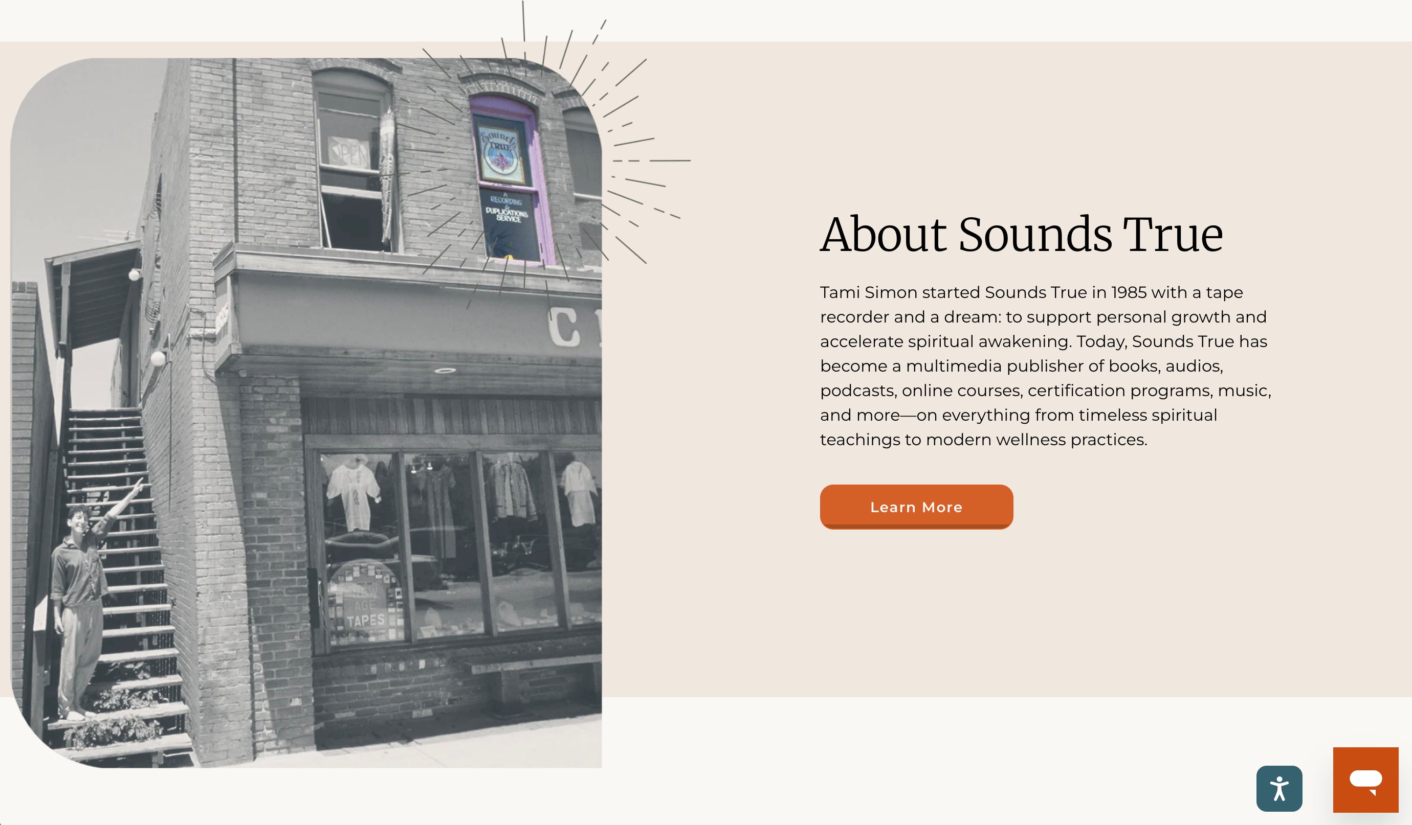 Screen grab of about page for Sounds True bookstore