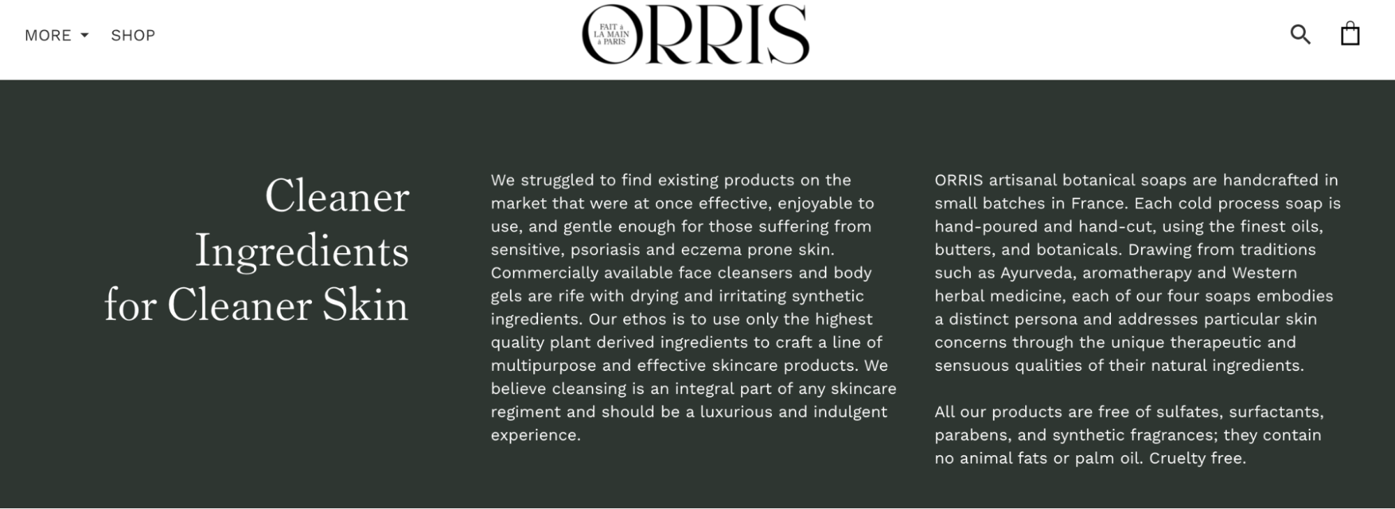 ORRIS homepage promoting cleaner ingredients for skincare with a detailed description.