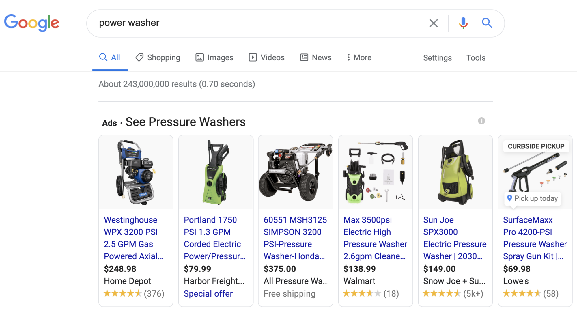 Google search results displaying ads for different power washers.