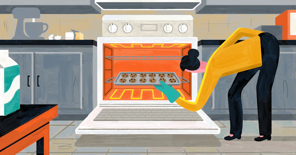 Illustration of a person taking cookies out of an oven that looks like a laptop
