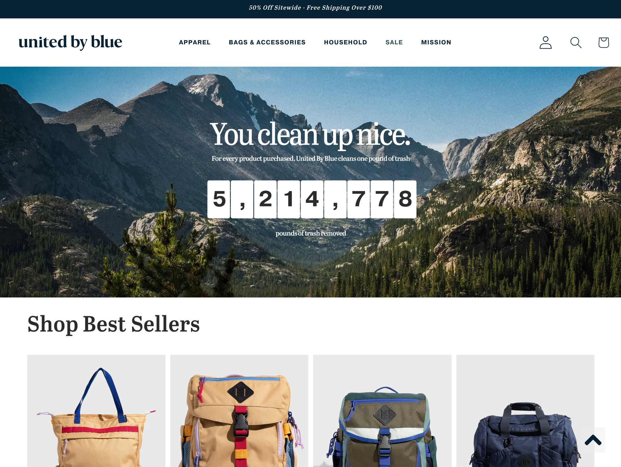 Home page for the ecommerce website of Shopify store United by Blue