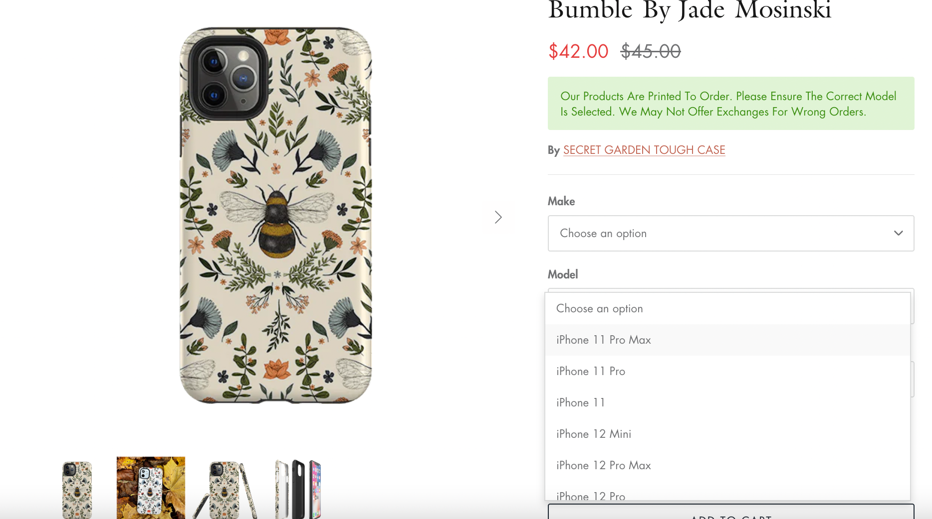 A phone case from Stringberry with a floral pattern and a bumble bee in the center of a cream background.