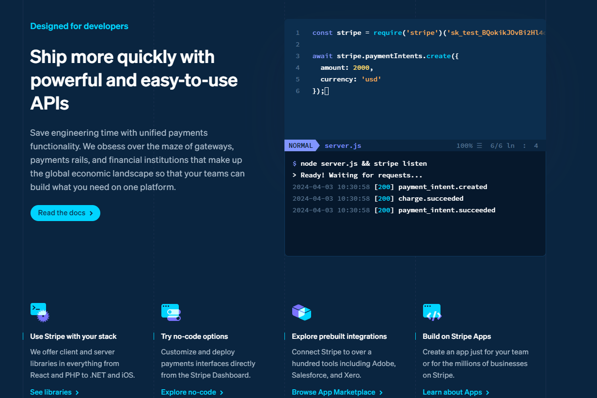 image of Stripe's Payment API landing page