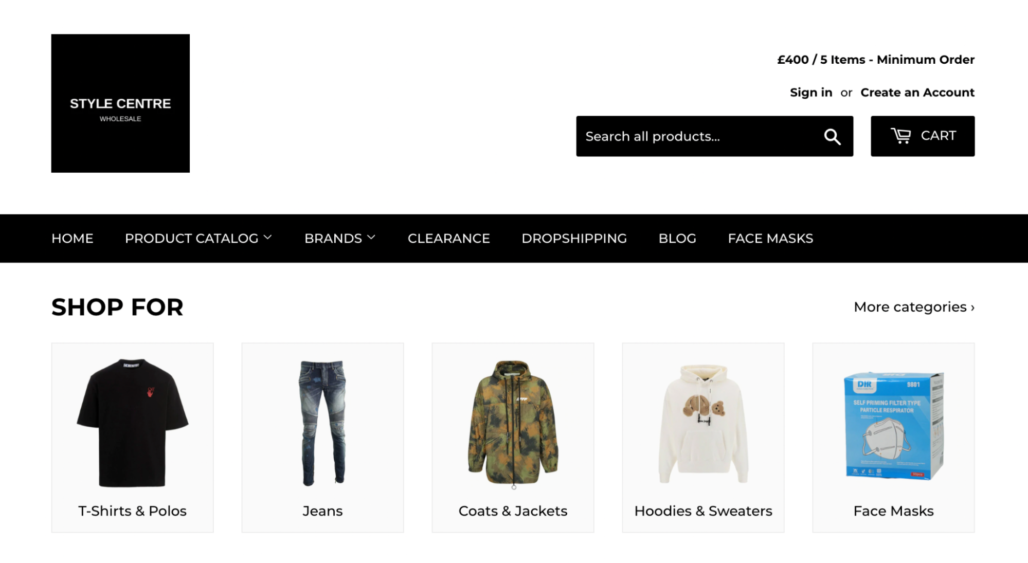 Clothing products such as t-shirts and jeans shown on Style Centre’s website.