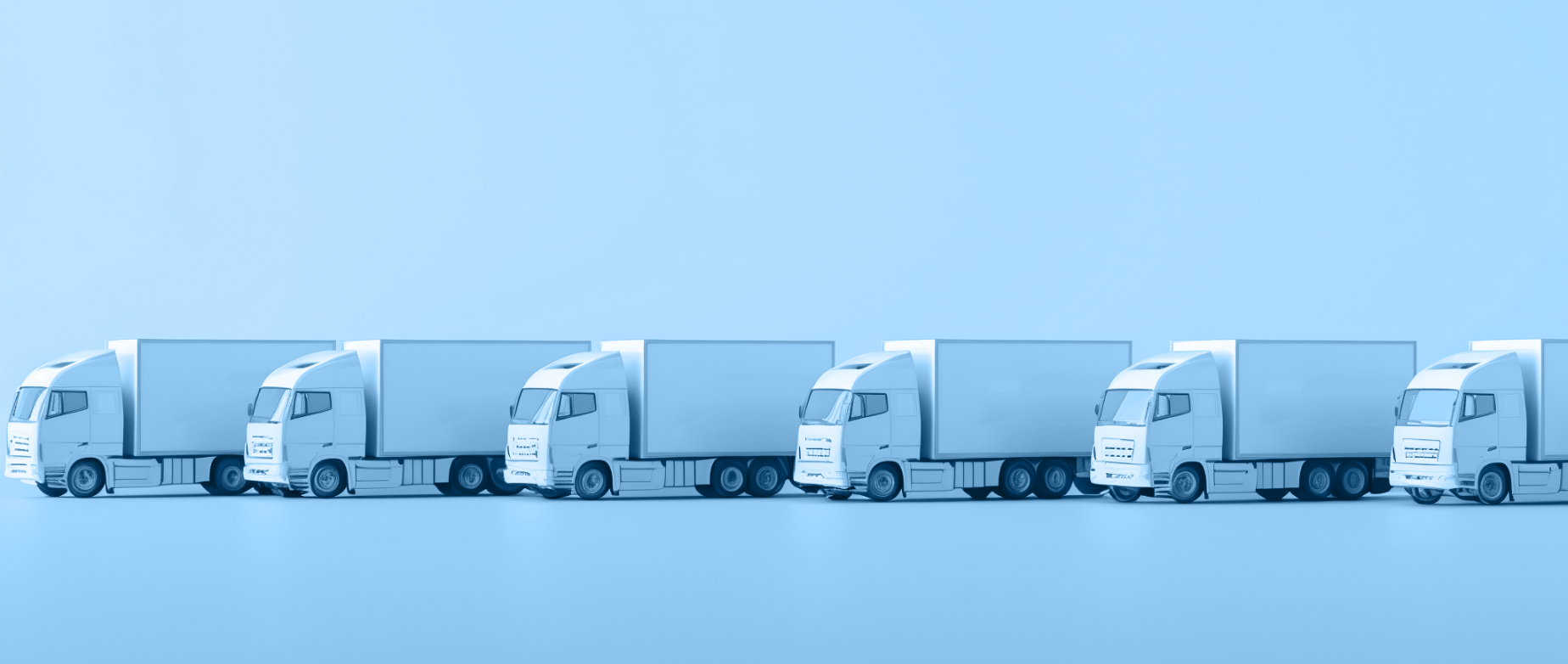 A row of parked box trucks on a light blue background.