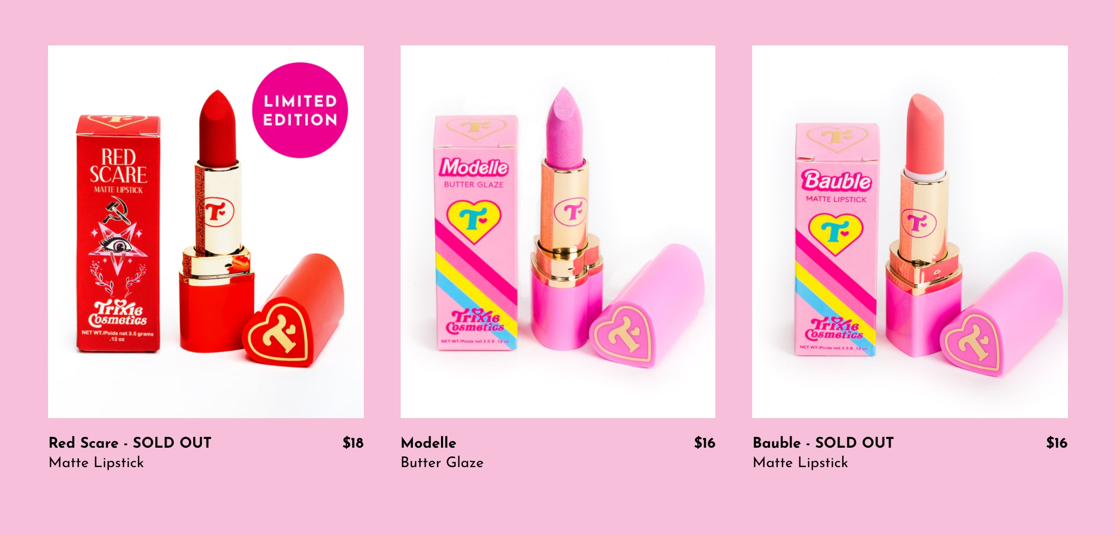 Homepage of Trixie Mattel's cosmetic line online store
