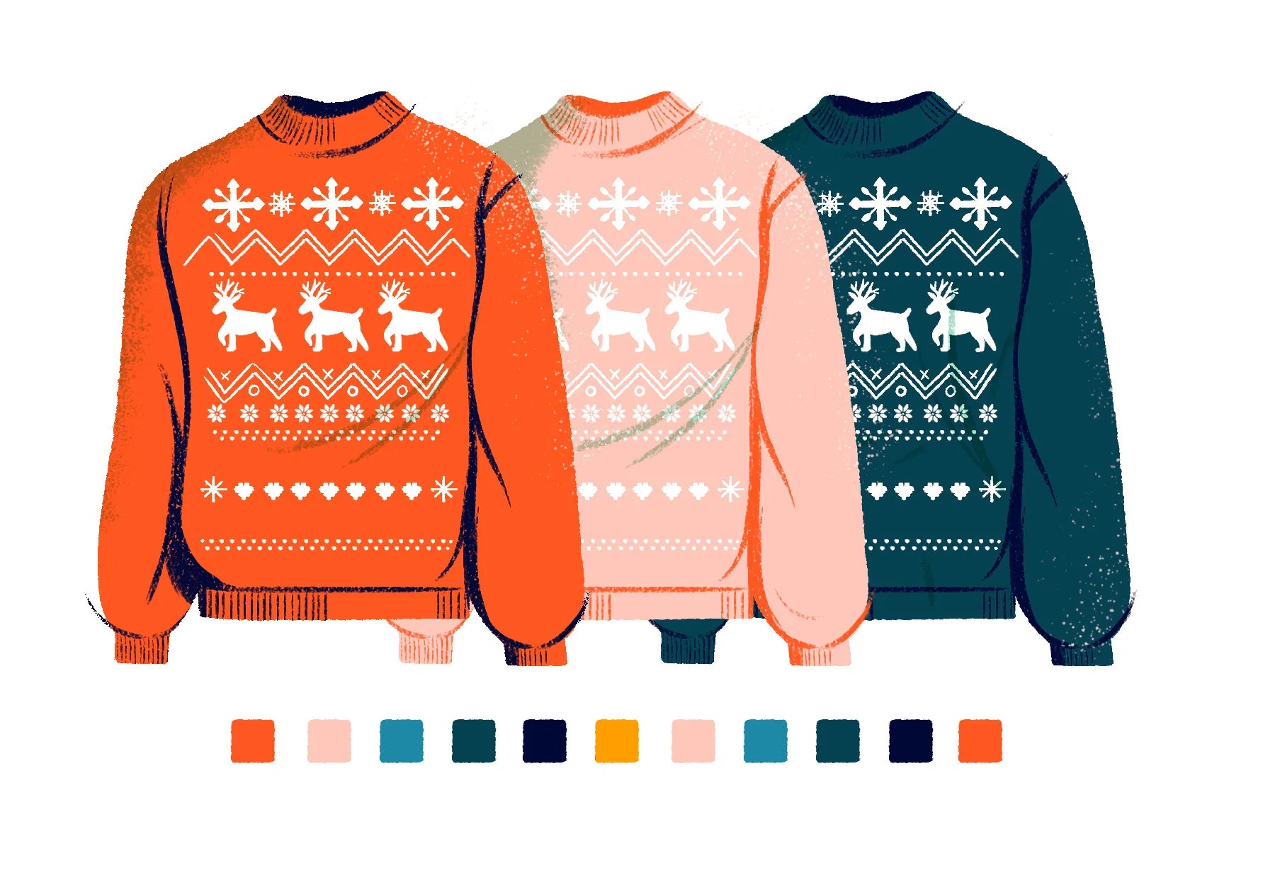 Photo of three Ugly Christmas Sweaters in different colors