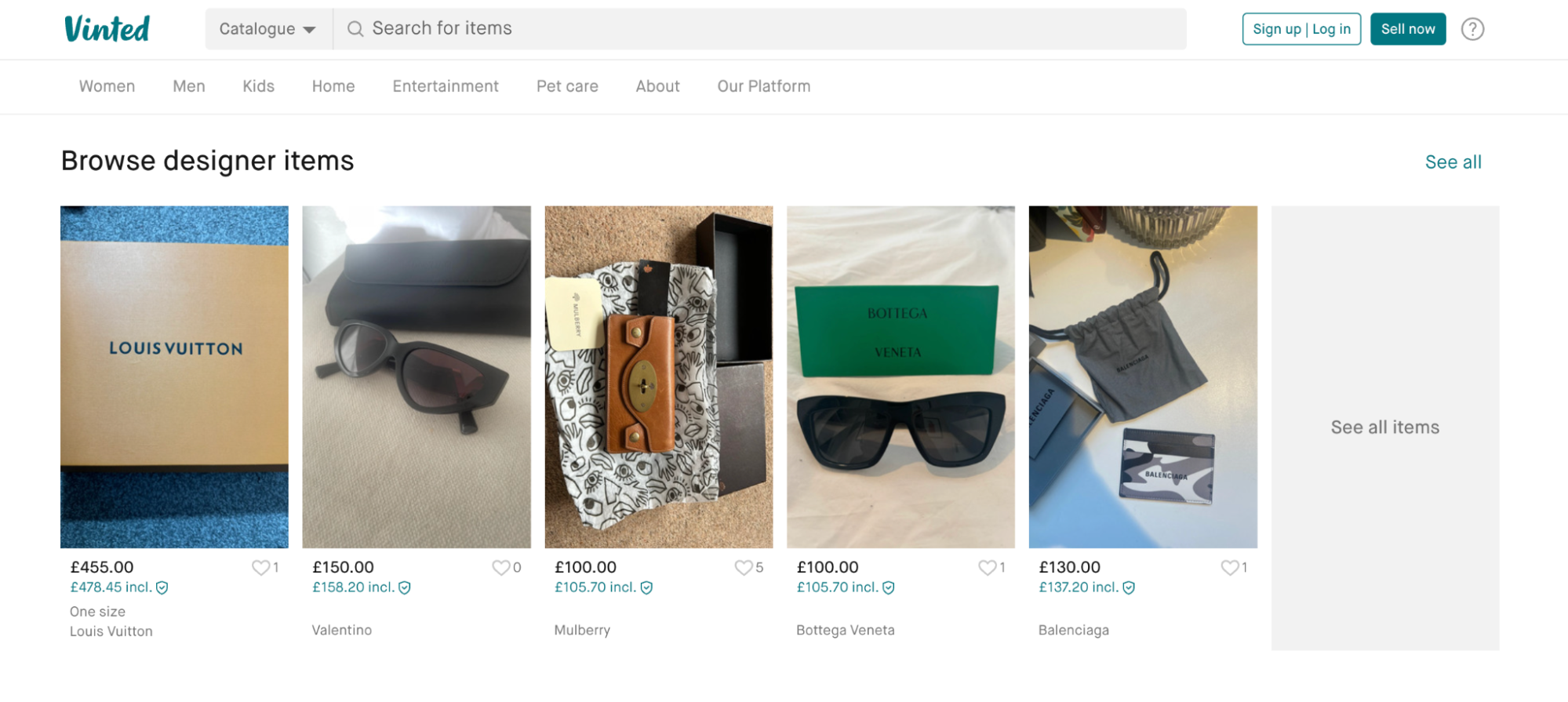 Screenshot of five products under the “Designer items” category on Vinted.