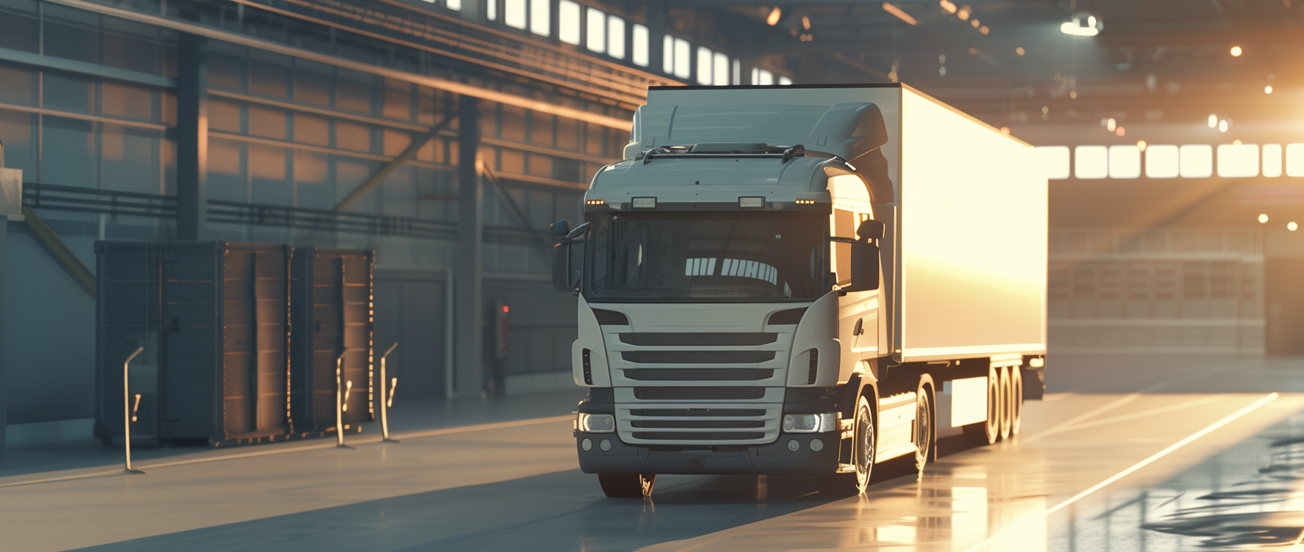 A box truck in a warehouse with light coming through the windows.