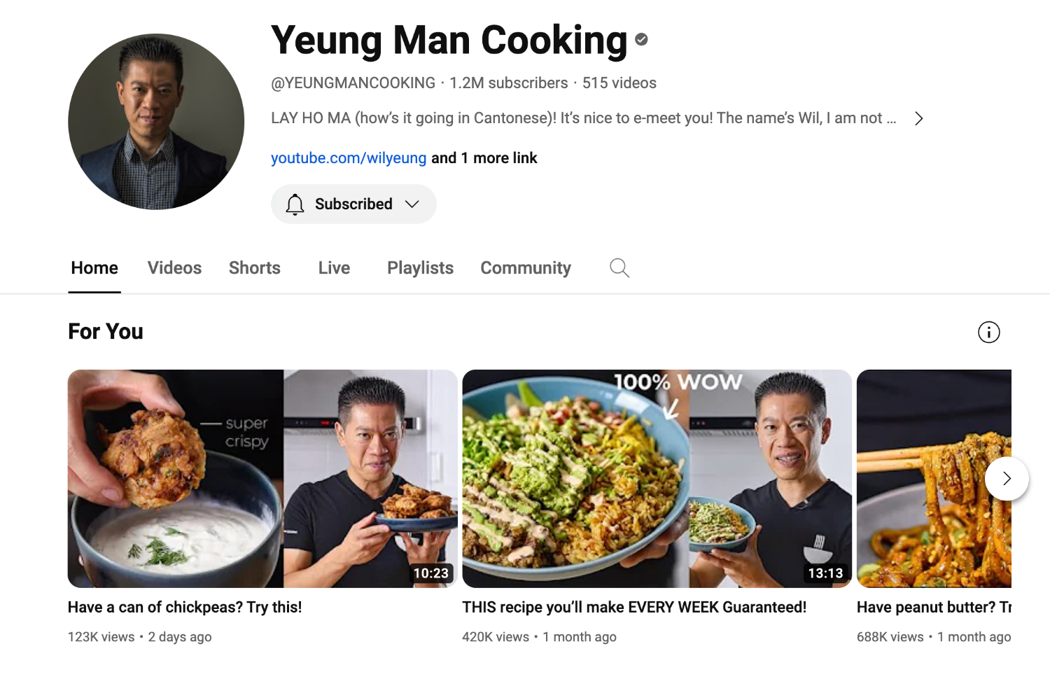 A YouTube page for YouTube chef Wil Yeung