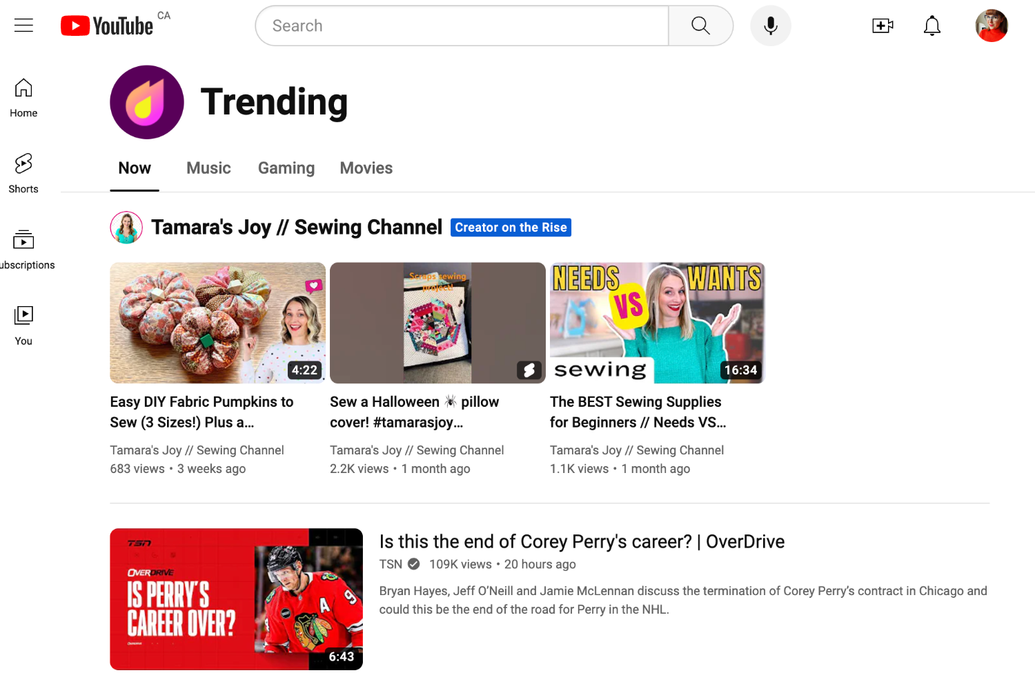 A trends page on YouTube