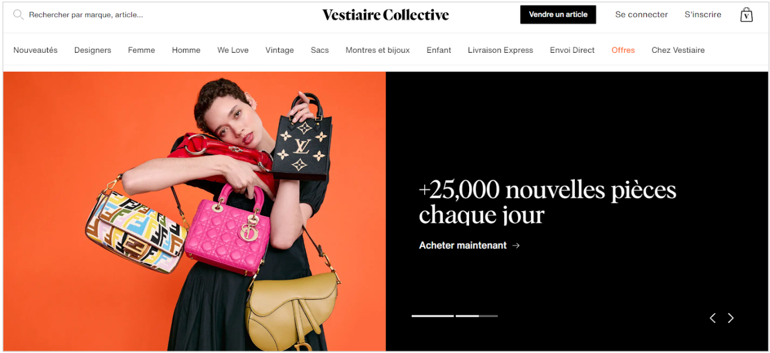 Page d'accueil du site Vestiaire Collective