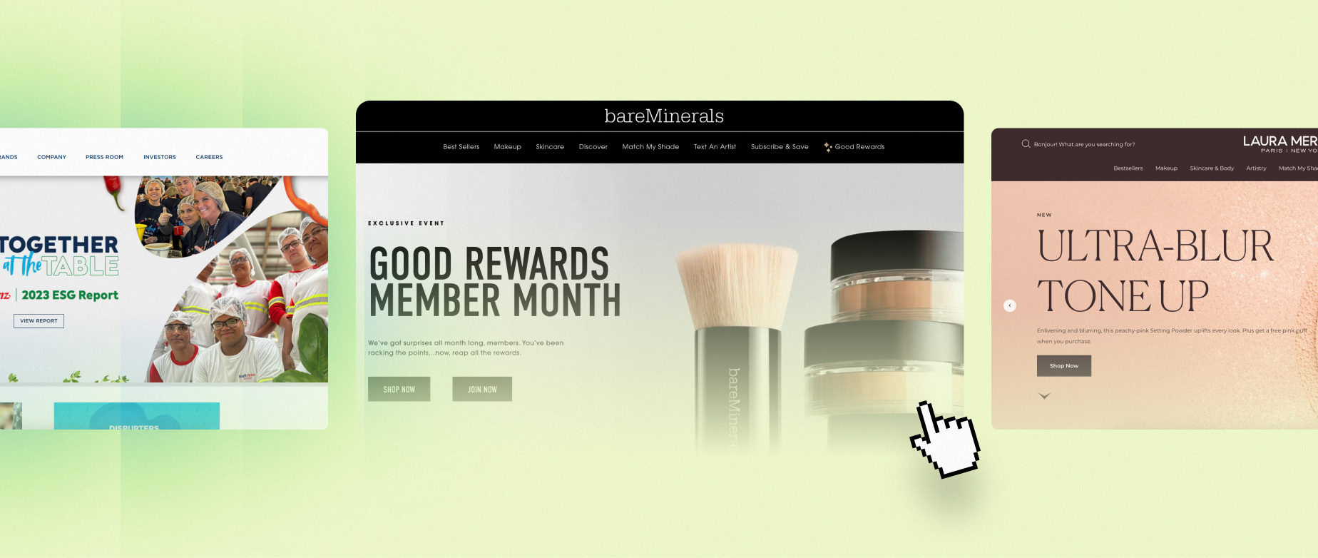 Three wholesale website interfaces displayed side by side, featuring cosmetics, a corporate report, and a makeup promotion.