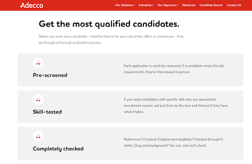 adecco landing page with copy on how to get qualified candidates